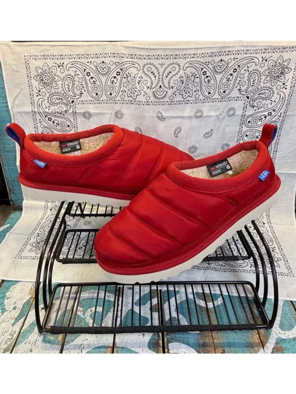 UGG Tasman LTA Red Nylon/Shearling 3M Thinsulate Slip On Slippers Mens 9 Worn 1X